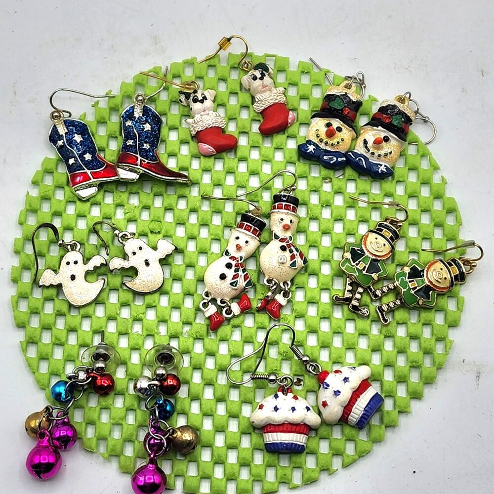 Novelty Enamel Christmas Halloween Patriotic Earrings Lot 8 Pairs Snowman Ghost